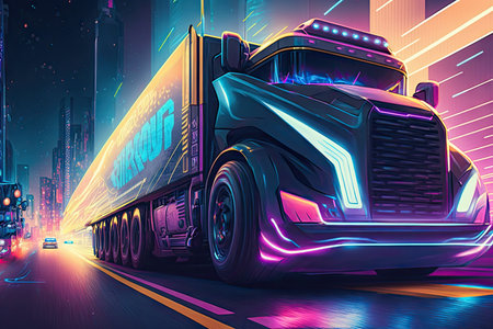 futuristic truck racing through futuristic, neon-colored cityscape, created with generative aiの素材