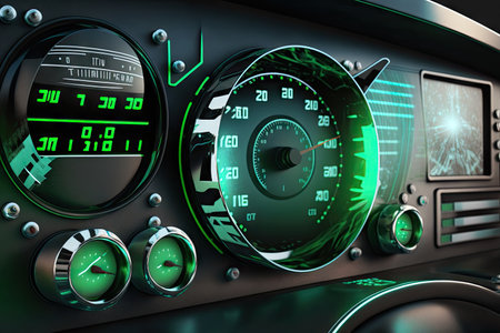 close-up of futuristic trucks dashboard, with rev counter and speedometer reading, created with generative aiの素材