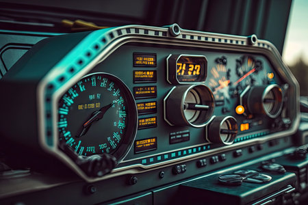 close-up of futuristic trucks dashboard, with rev counter and speedometer reading, created with generative aiの素材