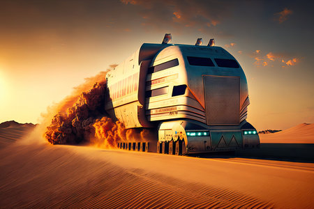 futuristic truck speeding through the desert, racing against the sunset, created with generative aiの素材