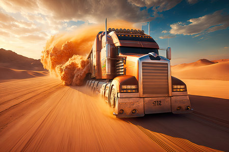 futuristic truck speeding through the desert, racing against the sunset, created with generative aiの素材