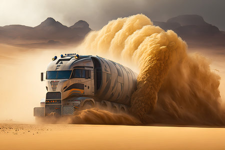 futuristic truck racing through desert landscape, with dust clouds and mountains in the background, created with generative aiの素材