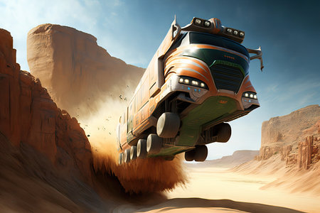 futuristic truck, flying through the air, performing jump over gorge, created with generative aiの素材