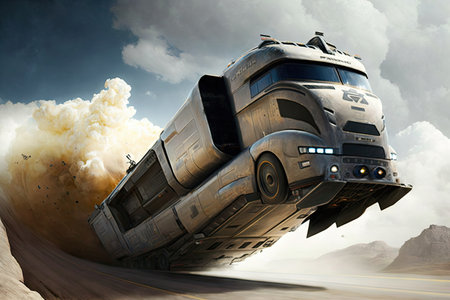 futuristic truck, flying through the air, performing jump over gorge, created with generative aiの素材