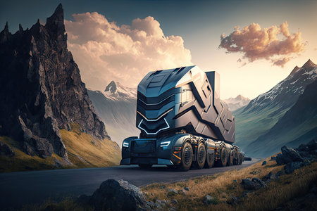 futuristic truck soaring over a mountain pass, with the view of the valley below, created with generative aiの素材
