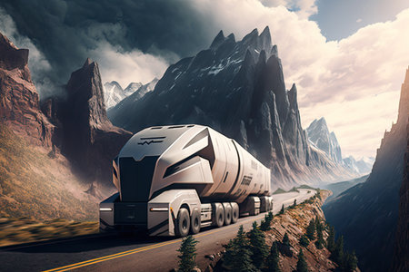 futuristic truck soaring over a mountain pass, with the view of the valley below, created with generative aiの素材