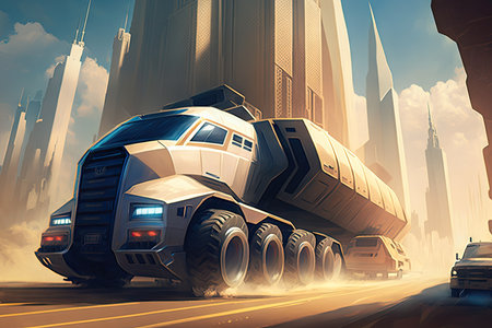 futuristic truck speeds through a futuristic city, with towering skyscrapers in the background, created with generative aiの素材