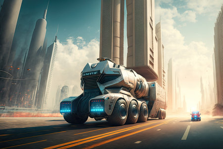 futuristic truck speeds through a futuristic city, with towering skyscrapers in the background, created with generative aiの素材