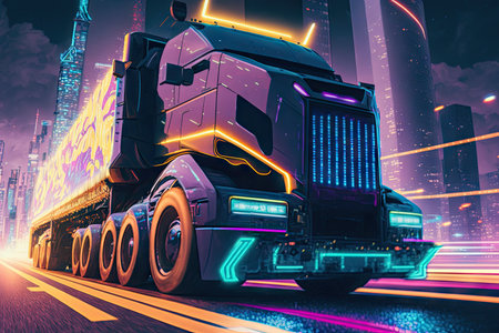 futuristic truck speeding through a futuristic city, with neon lights and skyscrapers in the background, created with generative aiの素材