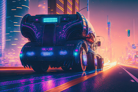 futuristic truck speeding through a futuristic city, with neon lights and skyscrapers in the background, created with generative aiの素材