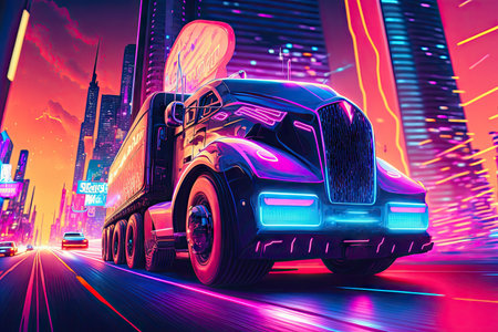 futuristic truck speeding through a futuristic city, with neon lights and skyscrapers in the background, created with generative aiの素材