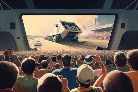 crowded stadium, with frenzied fans watching futuristic truck rally, created with generative aiの素材