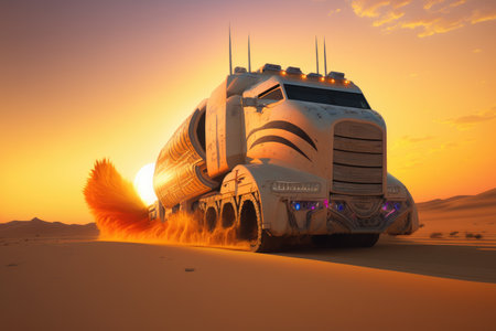 futuristic truck speeding through the desert, with beautiful sunset in the background, created with generative aiの素材