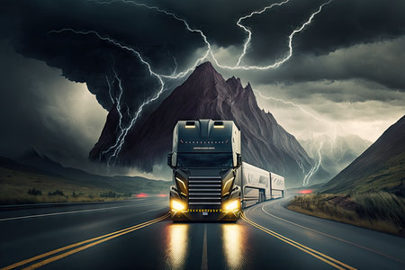 futuristic truck racing around winding mountain road in the midst of a thunderstorm, created with generative aiの素材
