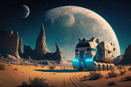 futuristic truck rumbling across lunar landscape, with the moon in the background, created with generative aiの素材