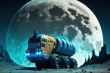 futuristic truck rumbling across lunar landscape, with the moon in the background, created with generative aiの素材
