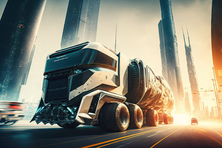 futuristic truck, with a view of the moon and stars, racing through the night, created with generative aiの素材