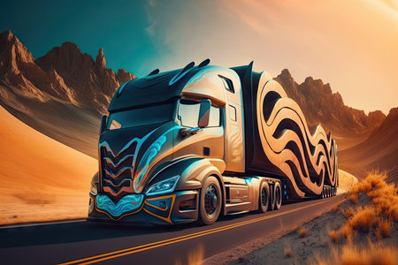 futuristic truck racing down the winding roads of wilderness, created with generative aiの素材
