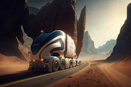 futuristic truck racing down the winding roads of wilderness, created with generative aiの素材