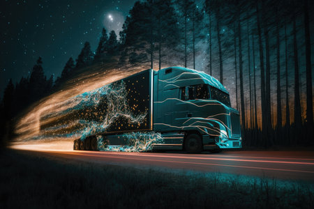 futuristic truck speeding past forest at night, with starry sky visible through the trees, created with generative aiの素材