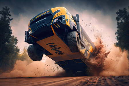 futuristic truck jumping over obstacle in rally, created with generative aiの素材