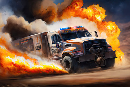 fiery race truck speeds past flames and smoke in fiery rally, created with generative aiの素材