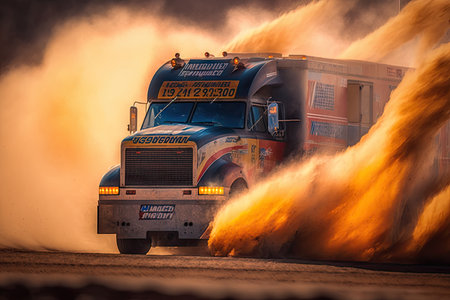 fiery race truck speeds past flames and smoke in fiery rally, created with generative aiの素材