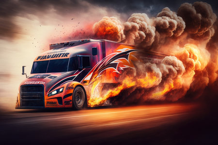 fiery race truck speeds past flames and smoke in fiery rally, created with generative aiの素材