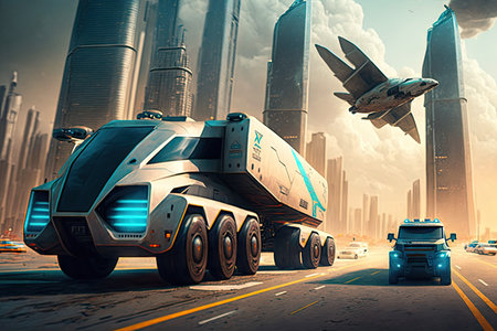 trucks of the future speeding through futuristic cityscape, with towering skyscrapers and flying cars, created with generative aiの素材