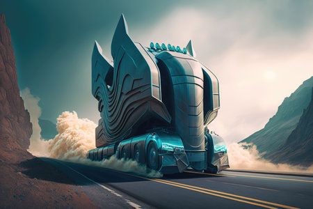 futuristic truck speeding through twisty mountain roads, chased by other futuristic trucks, created with generative aiの素材
