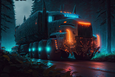 futuristic truck, with its headlights shining, racing through nighttime forest, created with generative aiの素材