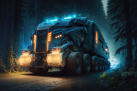 futuristic truck, with its headlights shining, racing through nighttime forest, created with generative aiの素材