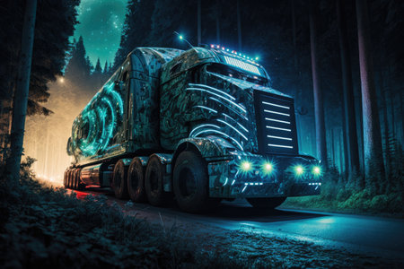 futuristic truck, with its headlights shining, racing through nighttime forest, created with generative aiの素材