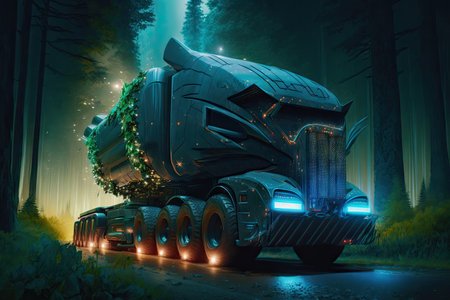 futuristic truck, with its headlights shining, racing through nighttime forest, created with generative aiの素材