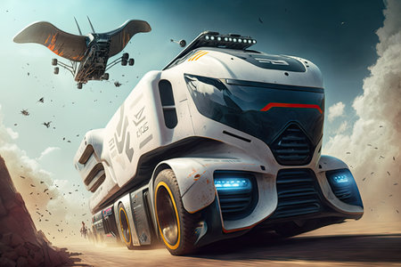futuristic truck, with drone camera hovering above the drivers seat during high-speed rally, created with generative aiの素材