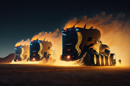 team of futuristic trucks, racing through the desert at night, created with generative aiの素材