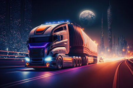 futuristic truck rally, with trucks driving through futuristic cityscape at night, created with generative aiの素材