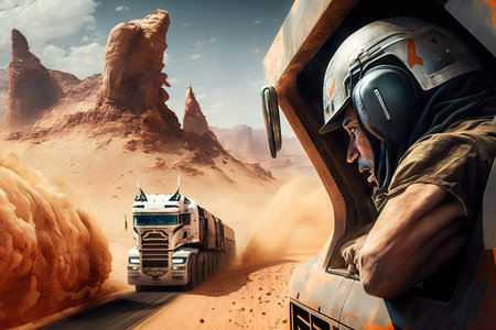driver, with headset on and focused on the race, accelerating futuristic truck past towering rock formations, created with generative aiの素材