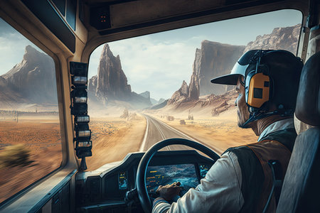 driver, with headset on and focused on the race, accelerating futuristic truck past towering rock formations, created with generative aiの素材