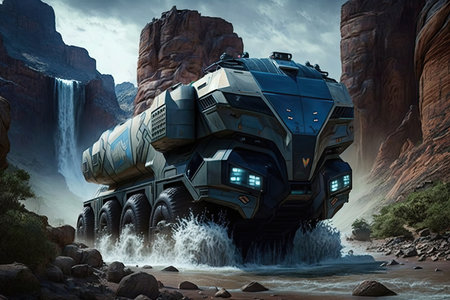 futuristic truck in extreme terrain, with tall rock walls and rushing waterfalls, created with generative aiの素材