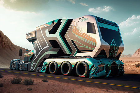 futuristic truck, with multiple drivers and co-drivers, racing through twisty mountain roads, created with generative aiの素材