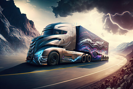 futuristic truck, with multiple drivers and co-drivers, racing through twisty mountain roads, created with generative aiの素材