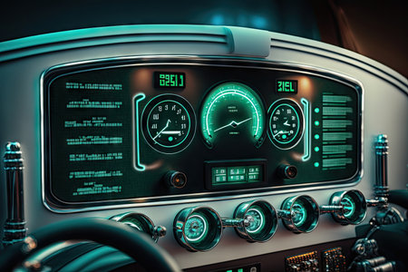 close-up of futuristic trucks dashboard, with speedometer and other instrument readings visible, created with generative aiの素材