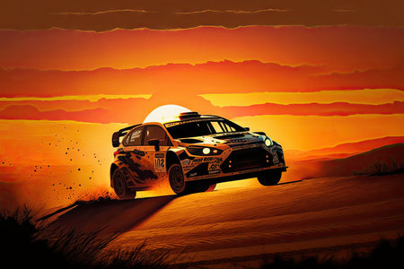 rally driver flying past sunrise, with the sun peeking over the horizon, created with generative aiの素材