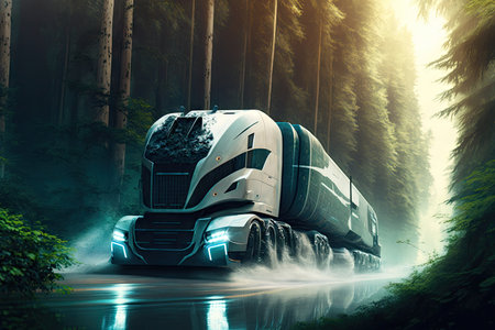 futuristic truck racing through forest, with trees and water in the background, created with generative aiの素材