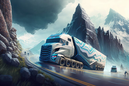 futuristic truck racing through the winding and treacherous mountainside roads, created with generative aiの素材