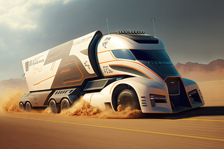 futuristic truck, with its sleek design and advanced technology, speeding past the finish line of a futuristic rally race, created with generative aiの素材