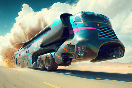 futuristic truck, flying above the race track, showing off its speed and agility, created with generative aiの素材