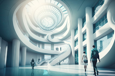 futuristic university building, with students and professors walking through white hallways or sitting in classrooms, created with generative aiの素材