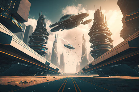 complex urban landscape of future city with flying vehicles in futuristic virtual world, created with generative aiの素材